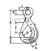 A = GesamthöheB = Ø ÖseC = ØD = HakendurchmesserE = HakenhöheF = ÖffnungG = Dicke