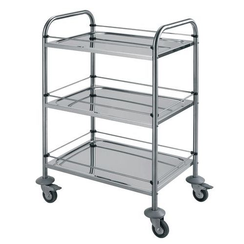 Chariot inox avec galeries - 3 plateaux - Force 60 kg