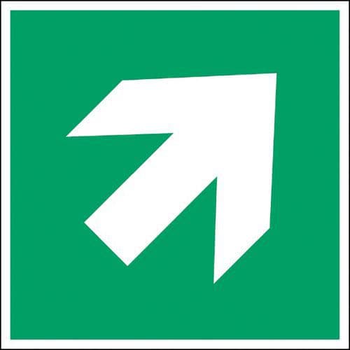 Sicherheits- und Fluchtwegschild, viereckig - Richtungspfeil in oberer rechter Ecke - nachleuchtend, steif