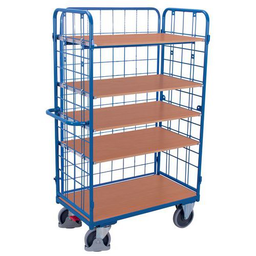 Chariot haut ergonomique grillagé 5 plateaux bois - Capacité 500 Kg