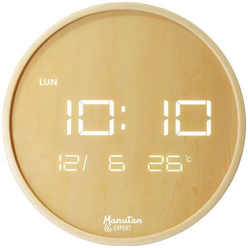 LED-Wanduhr, rund, Holz - Manutan Expert