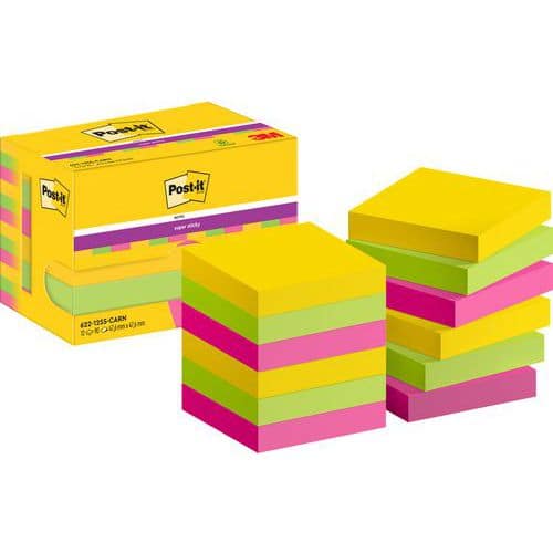 12x Super Sticky Notes, 47,6x47,6 mm versch. Farb., Carnaval