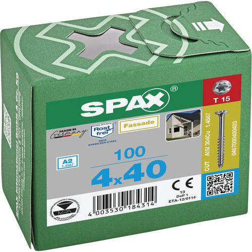 Boite de 100 vis pour façade à petite tête bombée TX Ø 4mm - Spax